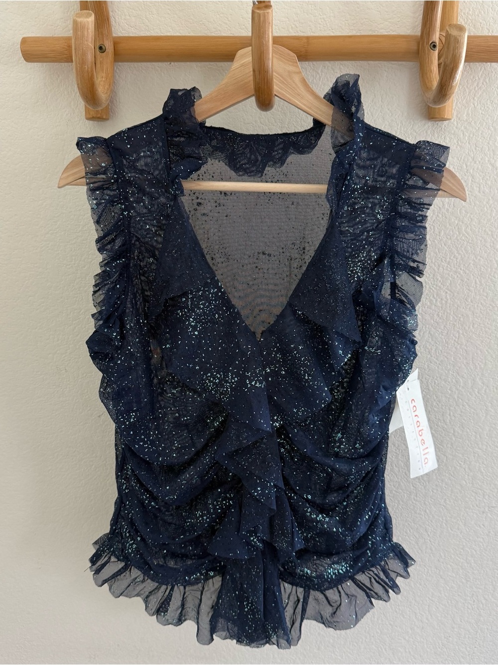 NWT deadstock carabella y2k whimsigoth party glam blue mesh ruffle glitter top